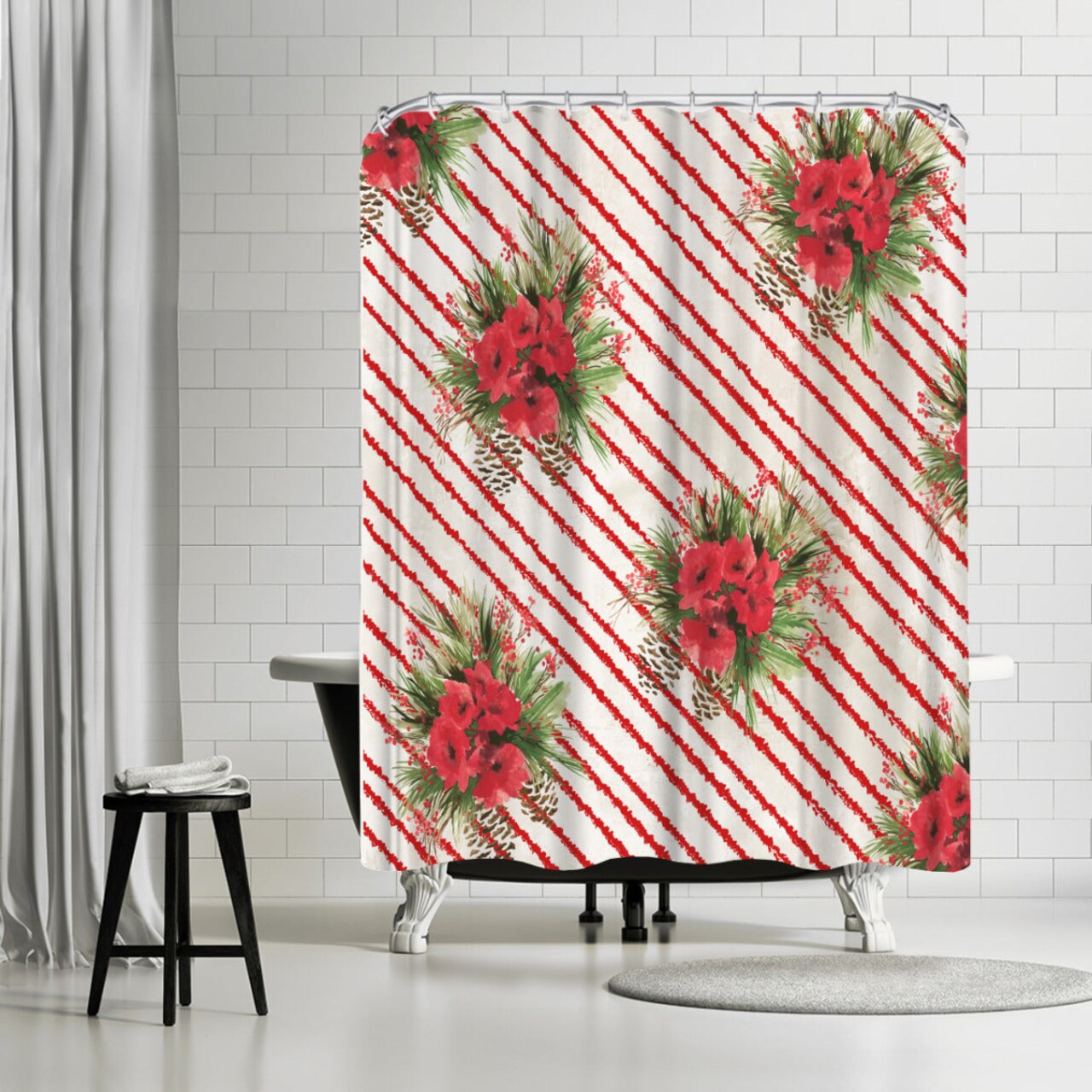 Poinsettia Ornate On Red by PI Creative Art Shower Curtain 71&#x22; x 74&#x22;